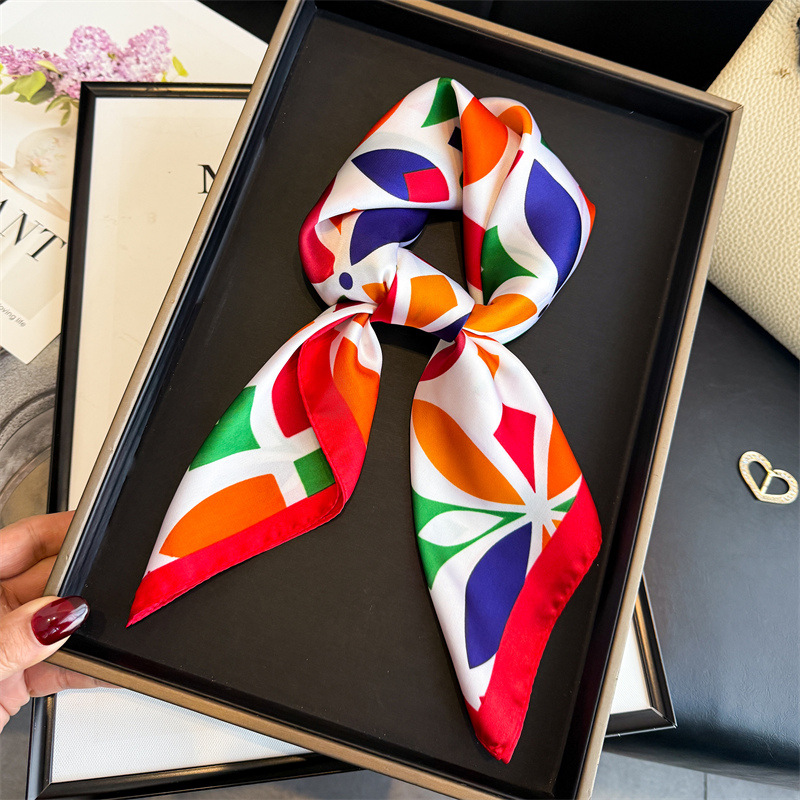 Ascot Neck Scarf - Bright-colored Print Square Silk Scarf Women