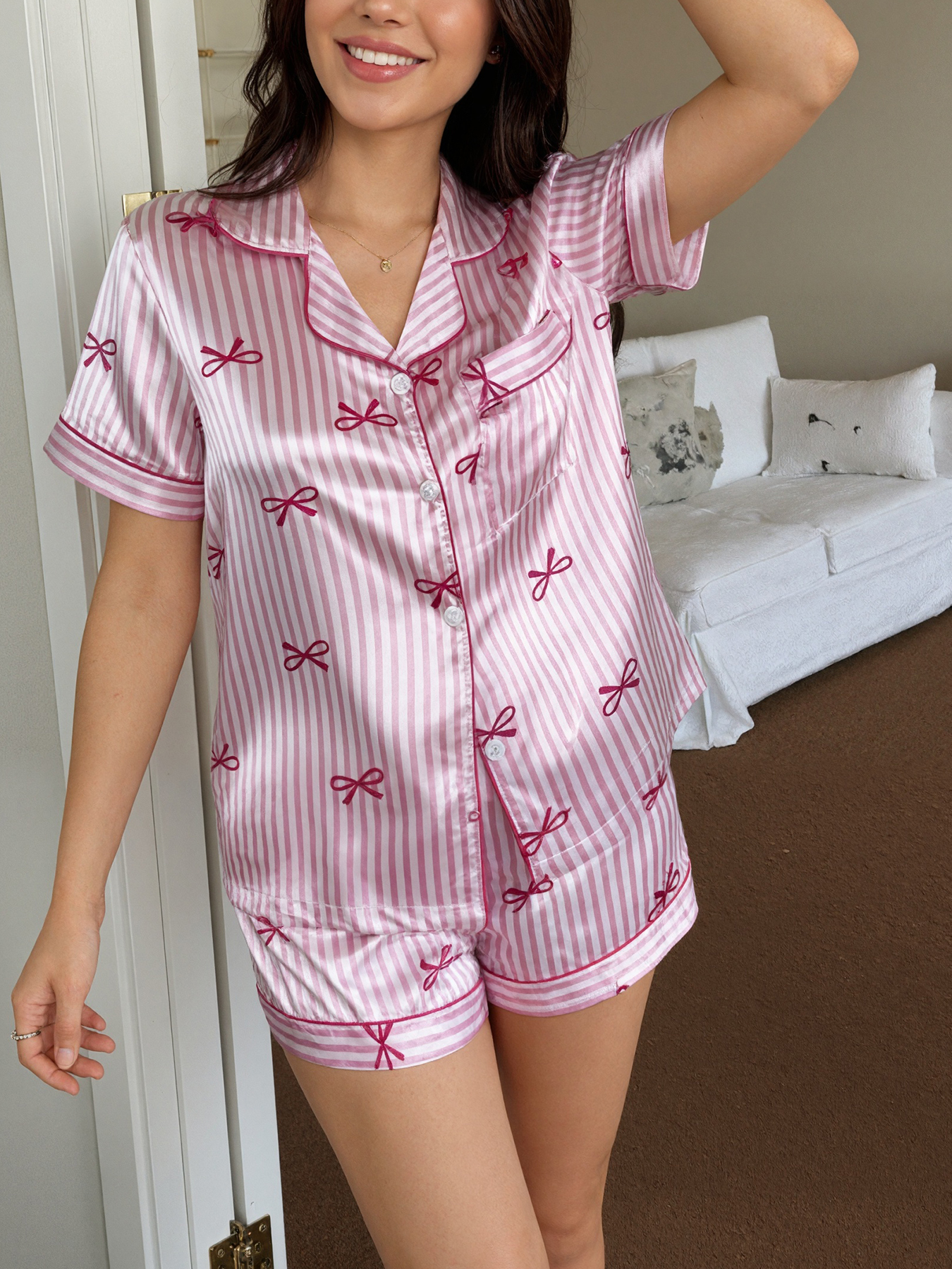Women Pajamas Set Bow Tie Stri – Silk Tie Striped Bewertung und Preis