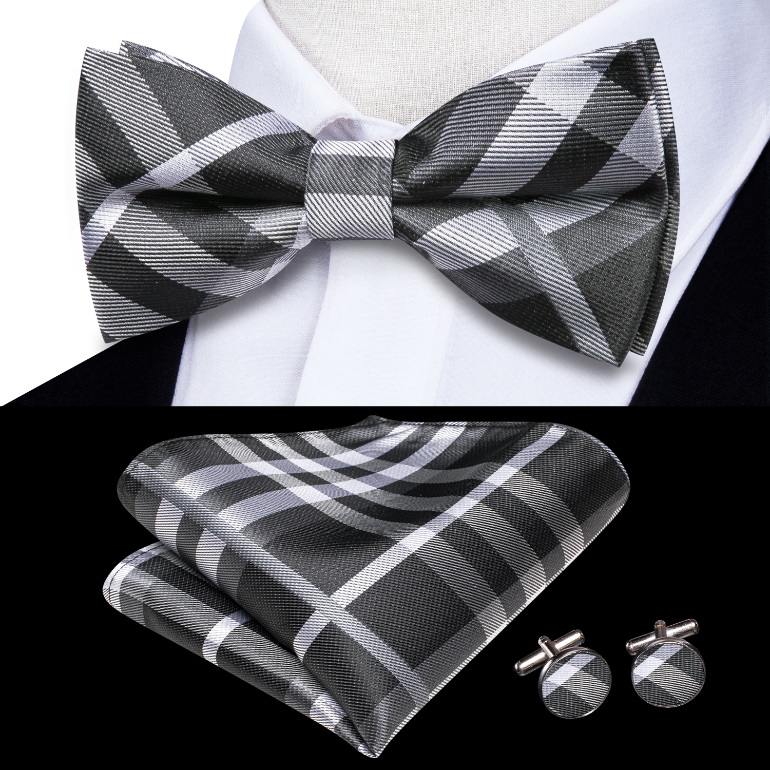 Hi-Tie Grey Plaid Jacquard Pre – Bow Tie Pre Tied Bewertung und Preis